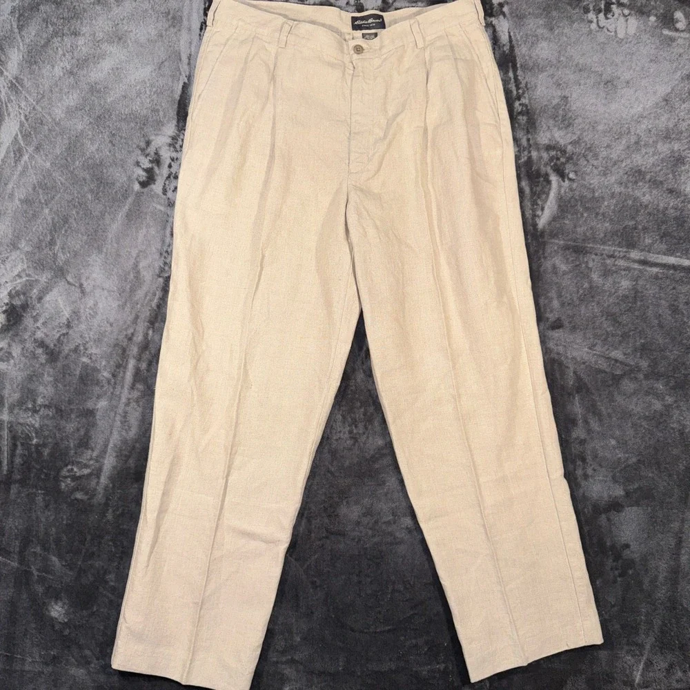 Eddie Bauer Mens 38x30 Beige 100% Linen Double Pleated Straight Leg Pants